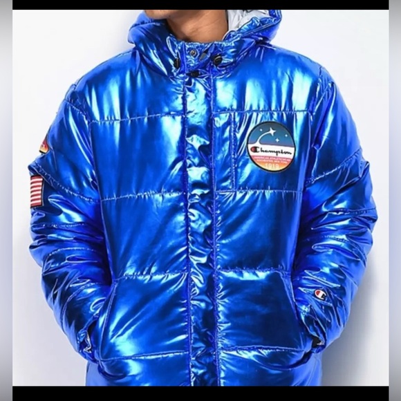 RARE Champion x NASA Metallic Puffer Jacket Mens Blue Quilted Space - Picture 2 of 12